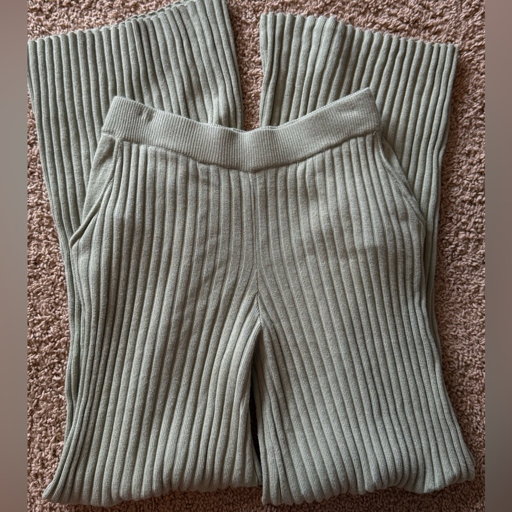 Princess Polly Ribbed Knit Wide Leg Pants in Light Green